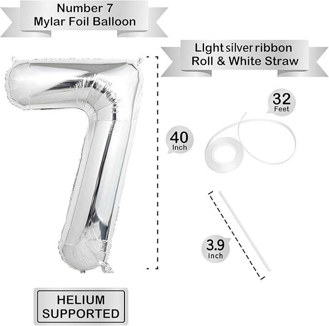 40 Inch Silver Number Balloons, Helium Mylar Foil Number Balloons for Birthdays, Number 7 Balloon for Party Wedding Bachelorette Birthday Bridal Shower Graduation Anniversary Celebration Party