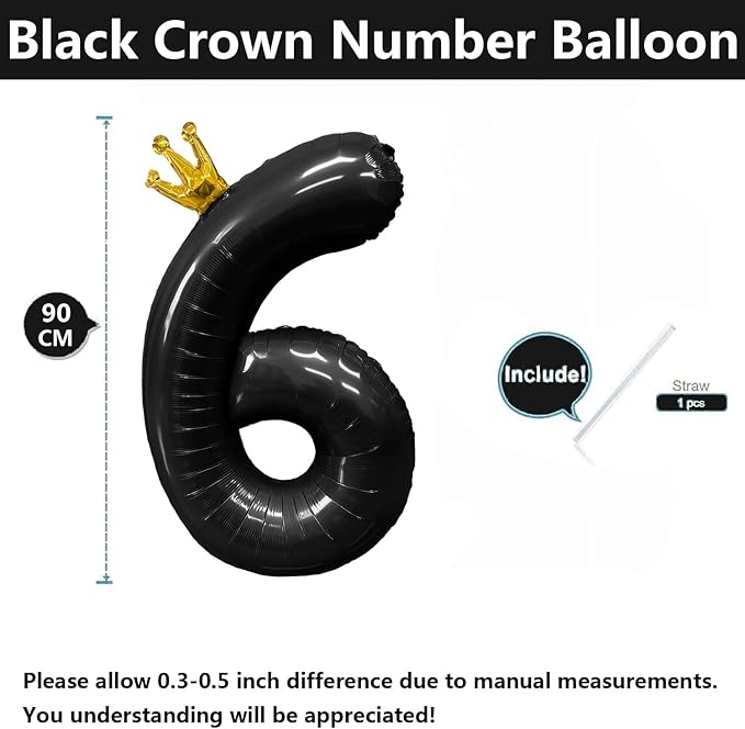 Black Number 6 Balloon with Crown, 40 inch Black Number Balloon 6th Birthday Party Decoration black Crown Balloons 0-9 for Birthday Party Anniversary Decorations Supplies