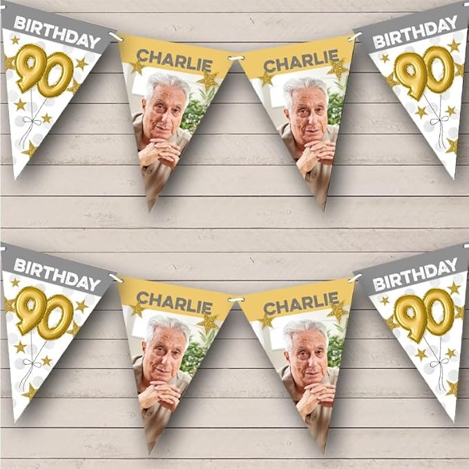 90th Balloons Photo Gold Grey Stars Personalized Birthday Party Bunting - Hanging Party Decoration - Birthday Party Banner Garland | Decorative Party Supplies