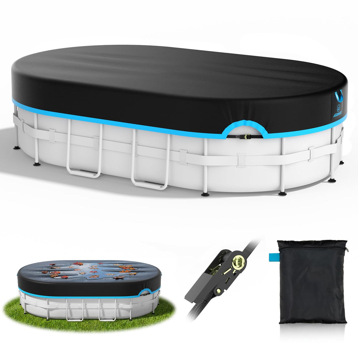 AGROAIDE 10x16 Ft Oval Pool Cover, Heavy Duty Pool Cover Protector with Ratchet Tie Downs, 420D Oxford Fabric for All Season Use - Tear Resistant, UV & Dust Proof