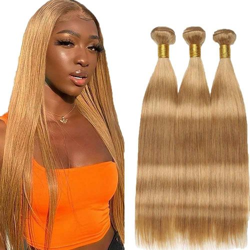 Fabimiya 18 20 22 Inch Human Hair Bundles Honey Blonde 27# Straight Bundles Human Hair 100% Unprocessed Soft Sewn In Hair with Double Weft for Black Women