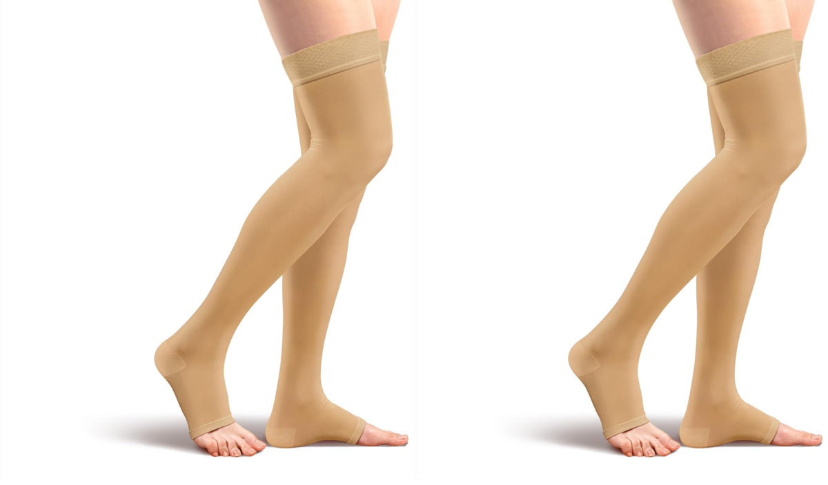Amazon Basic Compression Stockings, 20-30 mmHg, Women & Men, Thigh Length | Open Toe | Beige | Large | Pack of 2 (Previously Amazon Basic Care)