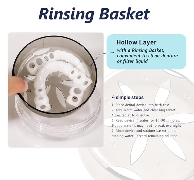Denture Cup Retainer Case, No-Leak Denture Bath, Travel Case with Strainer & Mirror (Grey)