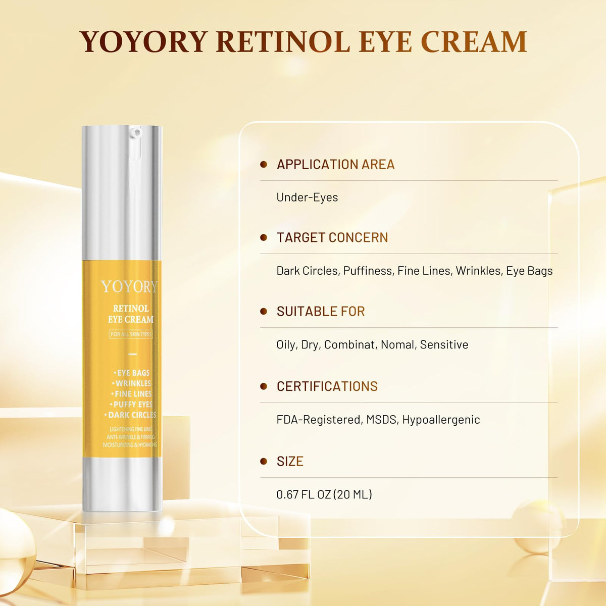 Retinol Eye Cream for Eye Bags - Rapid Under Dark Circles,Wrinkles, Fine Lines, Puffiness | Hydrating Anti-Aging Moisturizer Skin Care, Christmas gifts for Women and men 0.67 fl oz (Yellow)