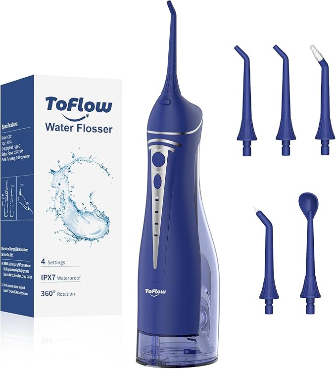 Water Dental Flosser Pick for Teeth: Cordless Rechargeable Oral Irrigator - 4 Modes IPX7 Waterproof 300ML Removable Tank Electric Dental Flossing Machine for Braces, Travel & Home Use (Dark Blue)