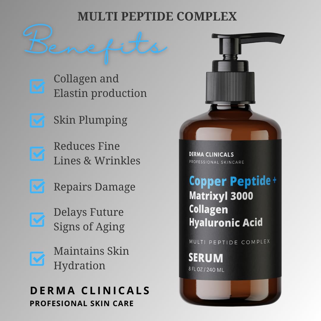 Copper Peptide + Matrixyl 3000, Collagen, Hyaluronic Acid Serum for face, Multi Peptide Firming and Plumping Serum, Anti-Wrinkle, Anti-Aging Face Serum - 8oz