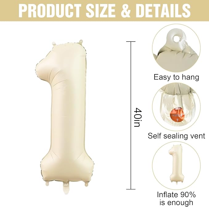 Number 1 Balloon Beige,40 Inch Large Cream Foil 1 Helium Balloons for Boys Girls Birthday Anniversary Decorations