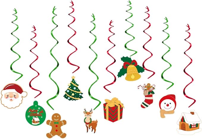 Merry-Christmas Ceiling Hanging Foil-Swirl Decorations - 20pcs Red Green Tree Socks Snowman Santa Claus Elk Gifts Streamers Garland, Fireplace Window Room Indoor Holiday Party Supplies Hugtmr