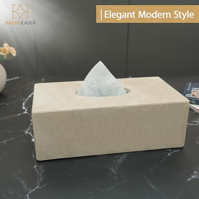 Natural Marble Tissue Box Cover, Beige Tissue Organizer L 10 x W 5.5 x H 3.5 Inch, Heavy Stone Decorative Box, Square Tissue Box Holder for Home Decor, Kitchen, Bathroom