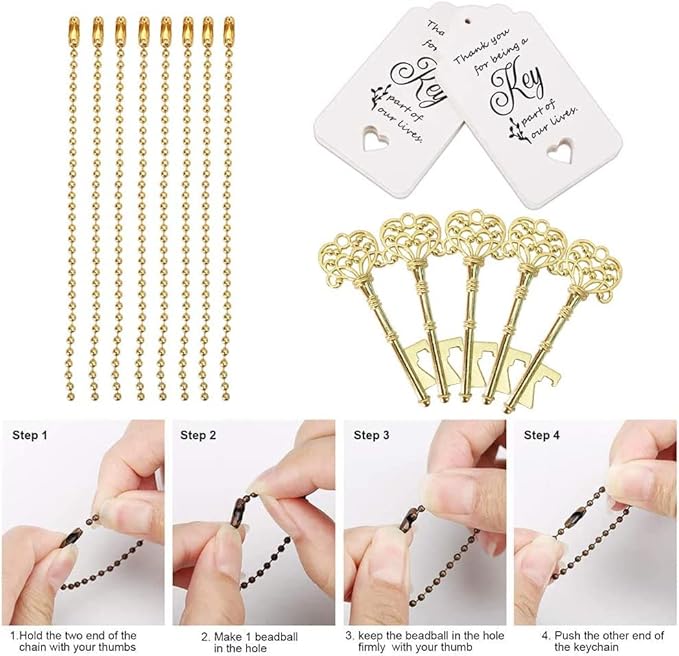 WODEGIFT 100 PCS Key Bottle Openers,Vintage Skeleton Key Bottle Opener,Wedding Favors Bottle Opener with Tag Cards and Key Chains(Gold)