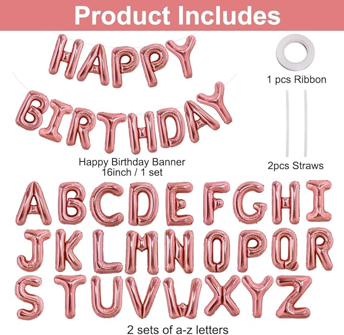 TONIFUL 65 Pcs 16 Inch Rose Gold Happy Birthday Balloons and 2 Sets A-Z Foil Letters Balloons DIY Personalized Phrase Banner for Birthday Celebration Halloween Thanksgiving Christmas Party Decor