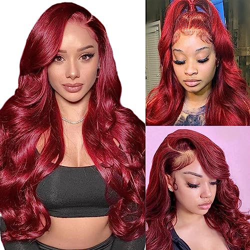 99J Burgundy Wine Red Color Body Wave 13x4 HD Lace Front Glueless Wigs Human Hair Pre Plucked Bleached Knots with Baby Hair Wigs Brazilian Human Hair Natural Hairline Wigs for Women(20Inch)