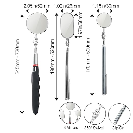 Telescoping Inspection Mirror with Rotating Head,Extendable Mechanic Mirror with Long Handle and Clip-On Design for Mechanics, Dentists, Auto, Boat (2.05in Round &1.18in Round & 1.02 * 1.97in Oval)