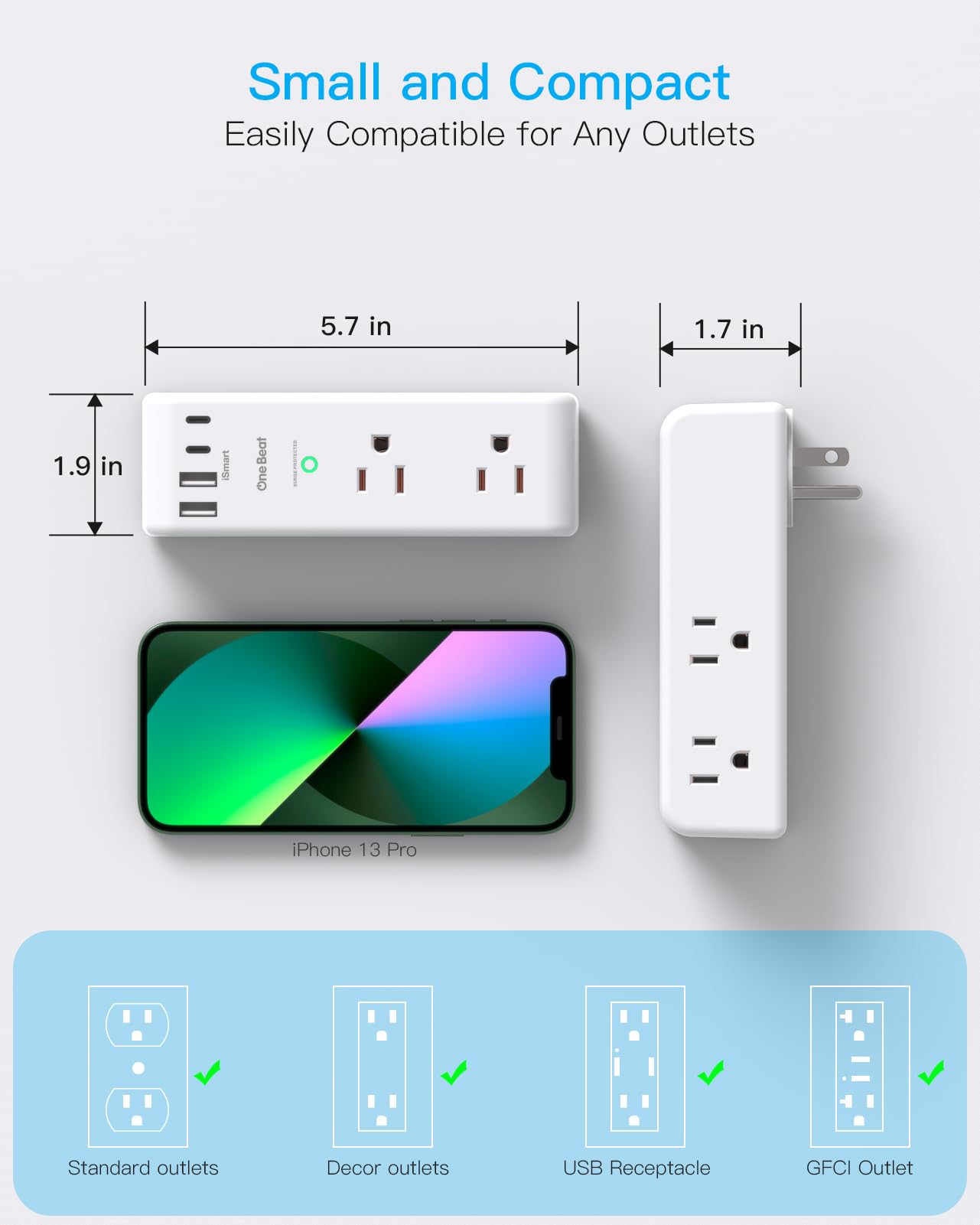 Surge Protector Outlet Extender with Rotating Plug, 6 AC Multi Plug Outlet with 4 USB Ports (3 USB C), 1800 J, 3-Sided Swivel Power Strip with Spaced Outlet Splitter for Dorm Office, White-2 Pack