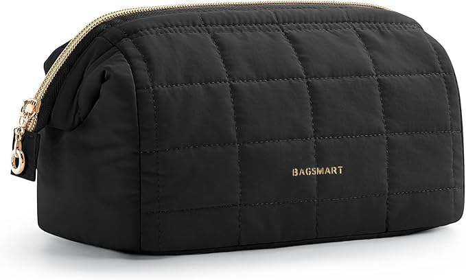 BAGSMART Makeup Bag Travel Toiletry Bag, Puffy Padded Make Up Bags for Women Makeup Organizer Case, Wide-open Pouch Purse Travel Essentials Toiletries Accessories Brushes, Black