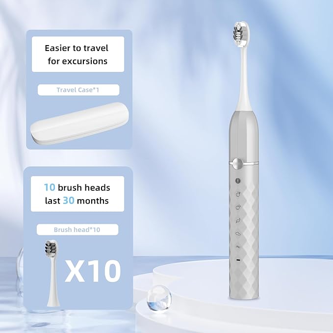 Electric Toothbrush Set, Equipped with 10 Brush Heads and Travel case, IPX8 Waterproof, 2-Minute Timer, 42000 high-Frequency Vibrations, 5 Modes, The First Choice for Gift Giving