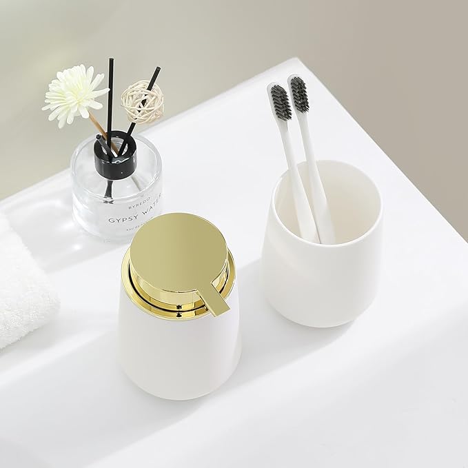 White and Gold Bathroom Accessories 2 Piece Set Luxury Matte Plastic Soap Dispenser and Toothbrush Holder for Modern Bathroom Decor