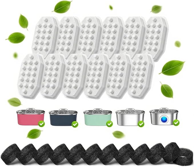 32 Pcs Cat Water Fountain Filters,16 Pack Cat Water Fountain Replacement Filters & 16 Pack Pre-Filter Sponges,Pet Fountain Filter Replacement for 3.2L/108oz Stainless Steel Fountain