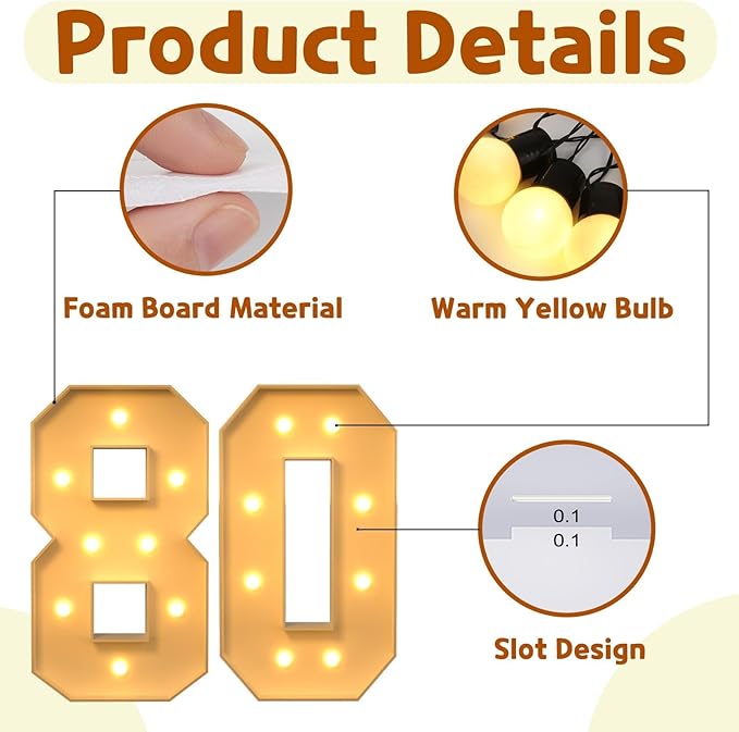 imprsv 3FT Light Up Numbers, Marquee Numbers 80th Birthday Decorations for Women Men, Large Light Up 80 Birthday Women Foam Board Anniversary Party Decorations Arch Kit (DIY)