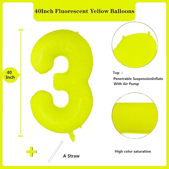 Fluorescent Yellow Number Balloon 40 inch Giant Foil Helium Balloons Yellow Number 3 Balloon for 3rd Birthday Party Decorations