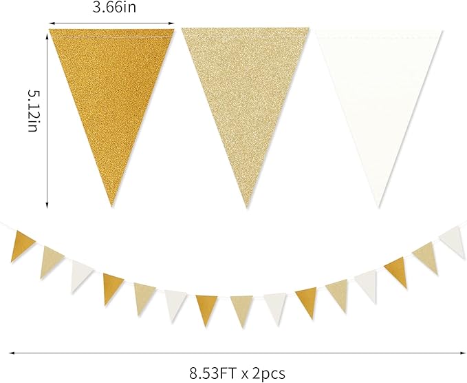 White-Gold Champagne Party-Decorations Banner,2 Pack Christmas Wedding Engagement Hanging Paper Triangle Pennant Flags Streamers,Bachelorette Neutral Baby Bridal Shower Supplies Decor Lasting Surprise
