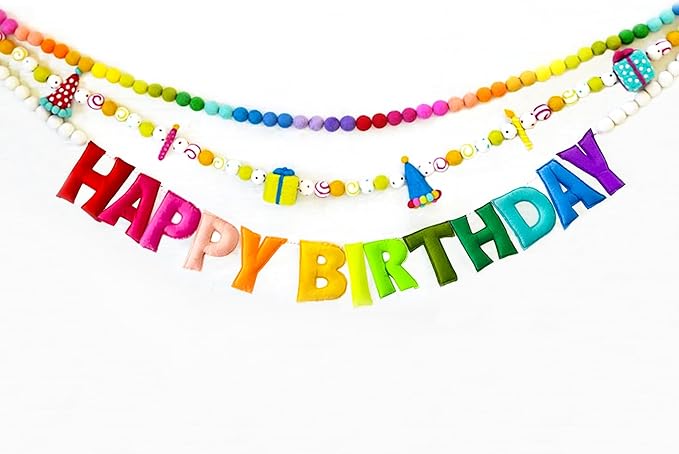 Pre-Strung Happy Birthday Banner, Colorful Felt Ball Garland, Felt Party Hats, Birthday Candles, Personalized Banner Sign for Holiday Decor Birthday Party Decoration