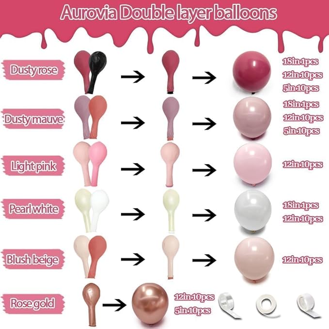 Dusty Rose Pink Balloon Garland Double Stuffed Dark Pink Mauve Pearl White Latex Balloons Blush Cream Balloon Arch Kit for Birthday Bridal Baby Shower Wedding Mother's Day Party Decorations