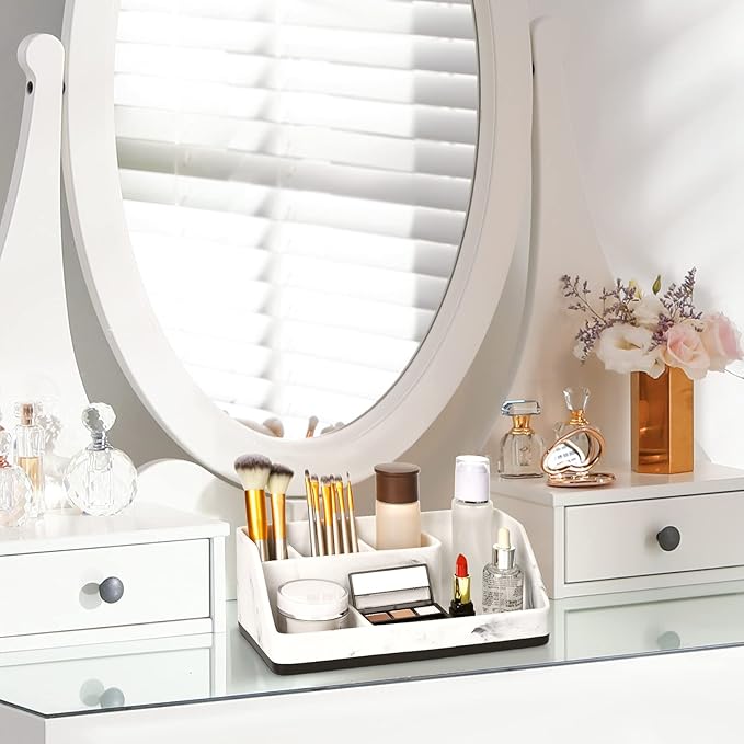 VITVITI Toothbrush Holder for Bathroom, Resin Bathroom Organizer Countertop Sink, Bathroom Counter Organizer Accessories 5 Compartment Storage for Toothpaste/Vanity, White Marble Color