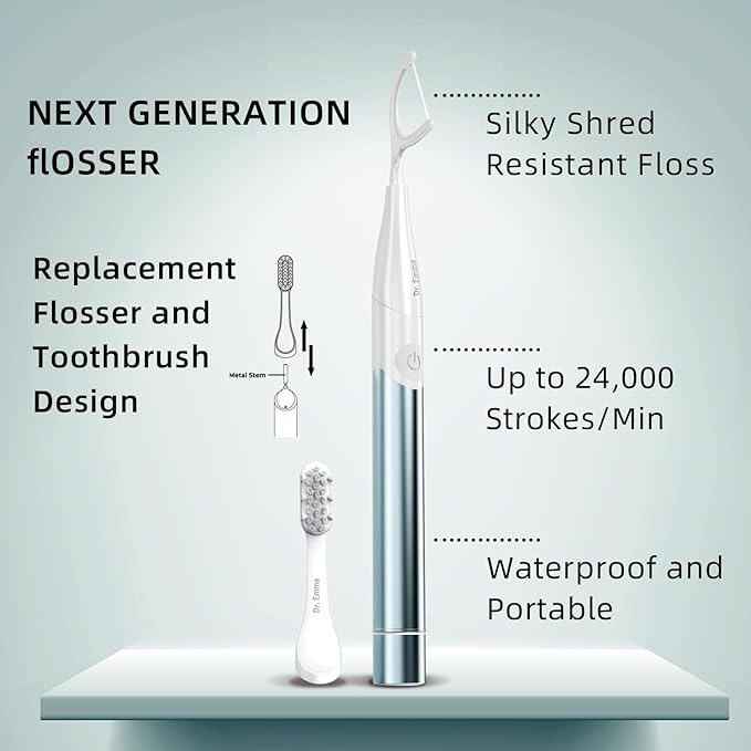 Dr. Emma Electric Vibration Flosser, Power Flosser for Adults, Gum Stimulator, Teeth Cleaner, Reusable Flossing Tool with Toothbrush, Water Flosser Alternative, Babyblue