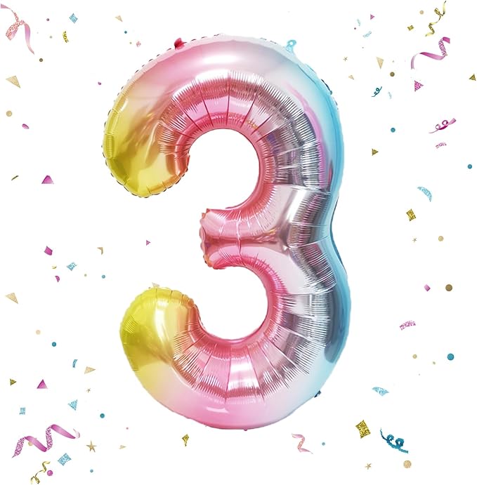 40 Inch Giant Rainbow Number 3 Balloons, Birthday Balloons, Helium Mylar Foil Big Number Balloons for Birthday Party Decorations, Kids' Birthday Anniversary Party Baby Shower Unicorn Parties