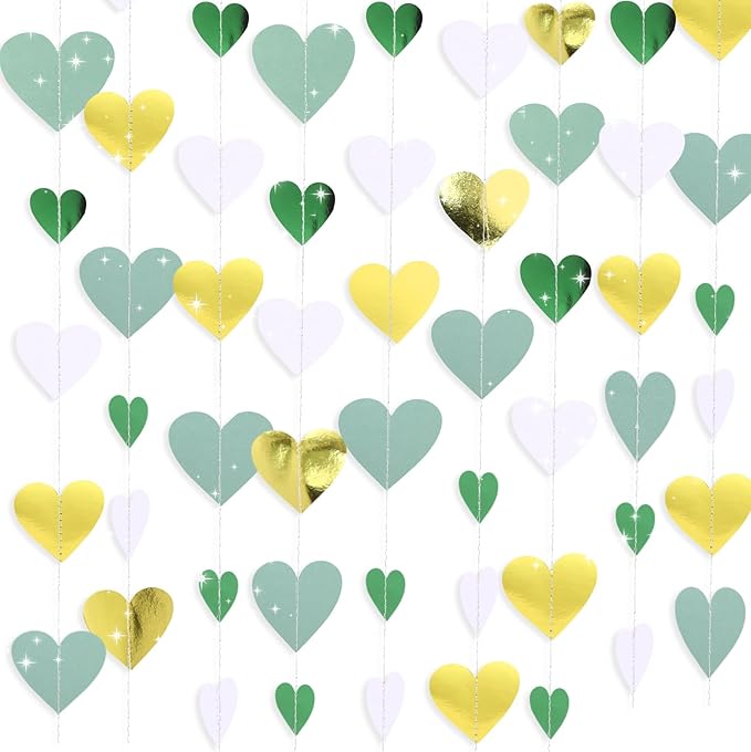 10 Pack 130ft Sage-Green Mint Beige-Gold Heart Party Garland Asymmetrical Love Hanging Banners for Wedding Birthday Bachelorette Bridal Shower Engagement Decoration