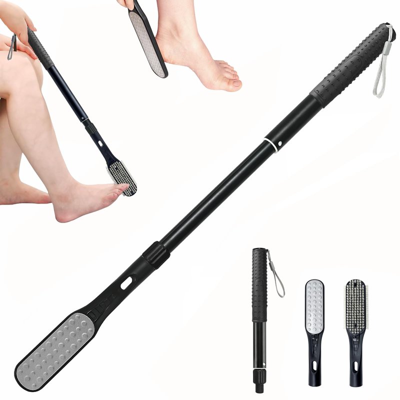 Gobiteli Foot Scrubber with Foot Files for Feet, 18.8"-26" Telescopic Long Handle Foot File for Feet Care Remove Hard Skin, Foot Brush for Shower for Seniors,Men and Women