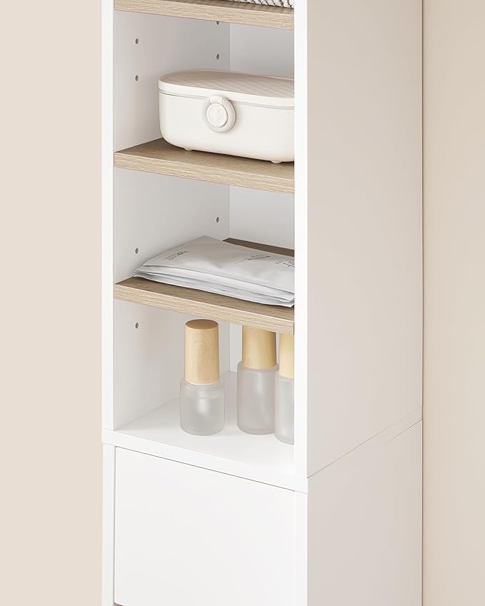 SoBuy Bathroom Narrow Storage Cabinet Skinny Tall Unit with Adjustable Shelves Slender Anti-Tipping Floor Standing Cupboard, White & Natural BZR34-WN