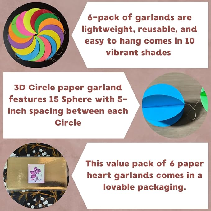 3D Circle Paper Garland 54 Ft | 6 Pc Wall Hanging Colorful Rainbow Streamers | Birthday Party Baby Shower Wedding Christmas New Year Decor | Festival & Holiday Backdrop Decoration | Multicolor