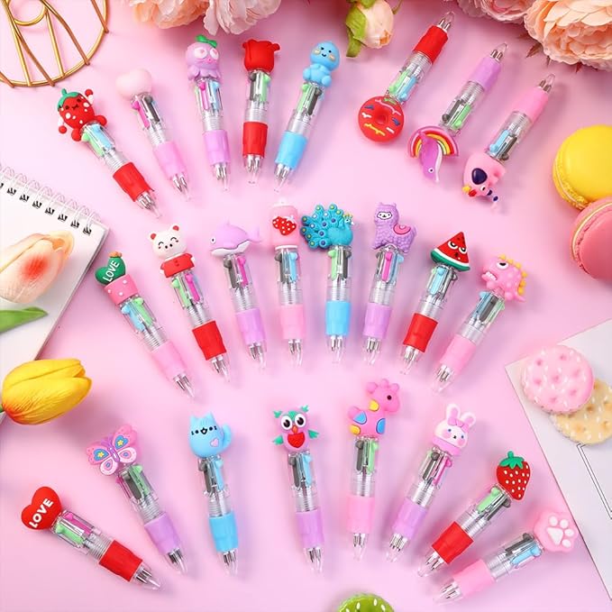 24PCS Valentines Fun Pens 0.7mm Cute Animal Multicolor Ballpoint Pens Retractable 4 Colors in One Valentines Stationery Party Favors School Supplies Students Rewards