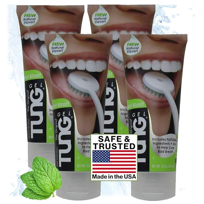 Tung Tongue Gel, Natural Mint Blast Tongue Cleaner Paste, Bad Breath Odor Eliminator, Halitosis Defense, BPA Free, USA Made (4-Pack)
