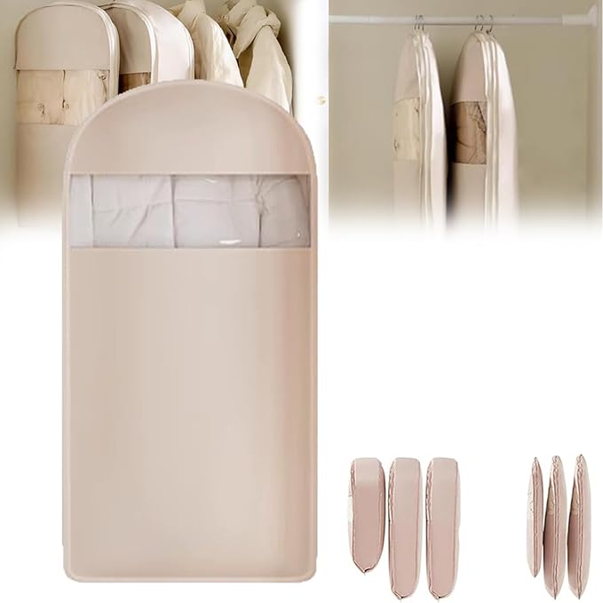 Space Saving Hanging Garment Bag with Self Compression Zipper, Space-Saving Dust-Proof Down Jacket Compression Storage Bag for Coats Blankets, Sweaters, Seasonal Clothes(Beige, XL)
