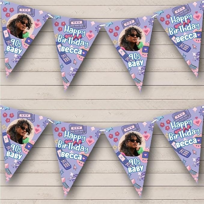 Nostalgia 90'S Theme Purple Gadgets Photo Personalized Birthday Party Bunting - Hanging Party Decoration - Birthday Party Banner Garland | Decorative Party Supplies