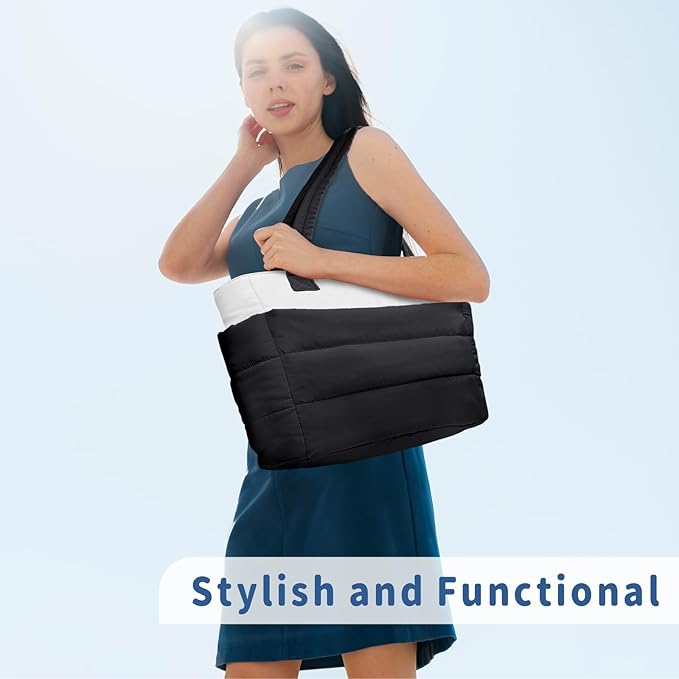 TOPDesign Puffer Tote Bag for Women, Lightweight Puffy Handbag with Compartments, Quilted Shoulder Bag for Work, Travel, Gym