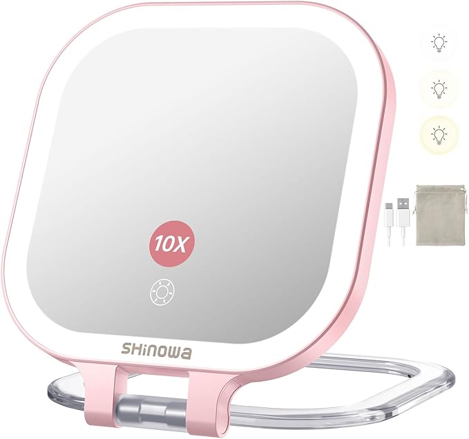 Shinowa Rechargeable Travel Makeup Mirror with 72 LED Lights, 1X/10X Magnifying Vanity Mirror with 3 Color Light, Folding Stand, 7 Inch Portable Dimmable Double Sided Compact Lighted Mirror, Pink