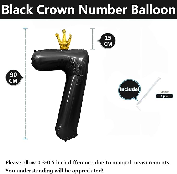 Black Number 7 Balloon with Crown, 40 inch Black Number Balloon 7th Birthday Party Decoration black Crown Balloons 0-9 for Birthday Party Anniversary Decorations Supplies