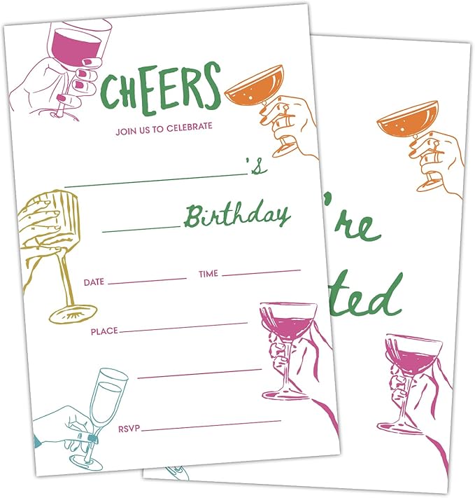 Cheers Birthday Party Invitation Cards for Adults Women Men, Colorful Cheers Birthday Celebration Party Invite Cards Supplies, 20 Double-Sided Fill In Invites With Envelopes -13