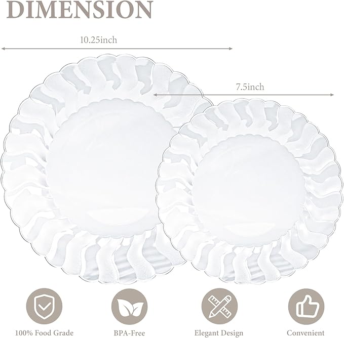 Lullaby 60PCS Clear Scalloped Plastic Plates, Disposable Elegant Party Plates Include 30pcs Dinner Plate 10.25", 30pcs Plastic Dessert Plate 7.5", Perfect for Wedding and Party