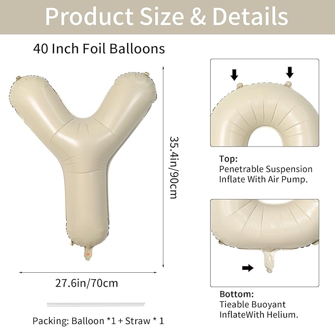 Biapian 40 Inch Giant Cream Y Foil Balloon, Large Aluminum Y Balloons Helium for Birthday, Baby Shower, Wedding, Anniversary Party Decoration