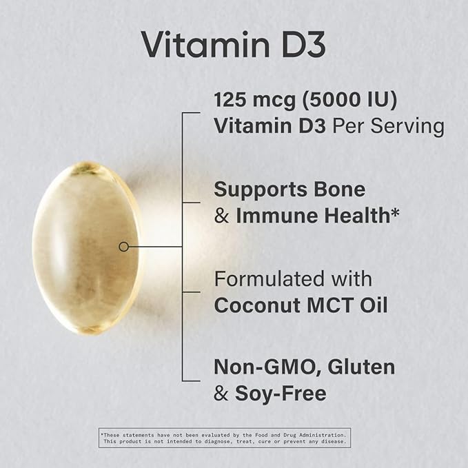Sports Research® Vitamin D3 w/Coconut MCT Oil - High Potency Vitamin D3 5000iu (125mcg) Supplement for Immune & Bone Support - Seed Oil Free - Non-GMO - Gluten Free (360 Liquid Softgels)