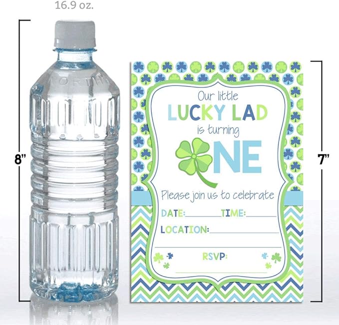Lucky Lad First Birthday Clover St. Patrick’s Day Party Invitations for Boys, 20 5x7 Fill In Cards with Twenty White Envelopes by AmandaCreation