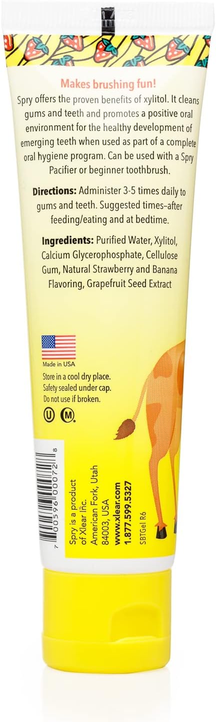 Spry Natural Xylitol Toothpaste for Baby, Toddler and Kids Age 3 Months and Up - Fluoride Free Tooth Gel, Tasty, Support Development of Emerging Teeth, Strawberry Banana 2 Fl Oz (Pack of 1)