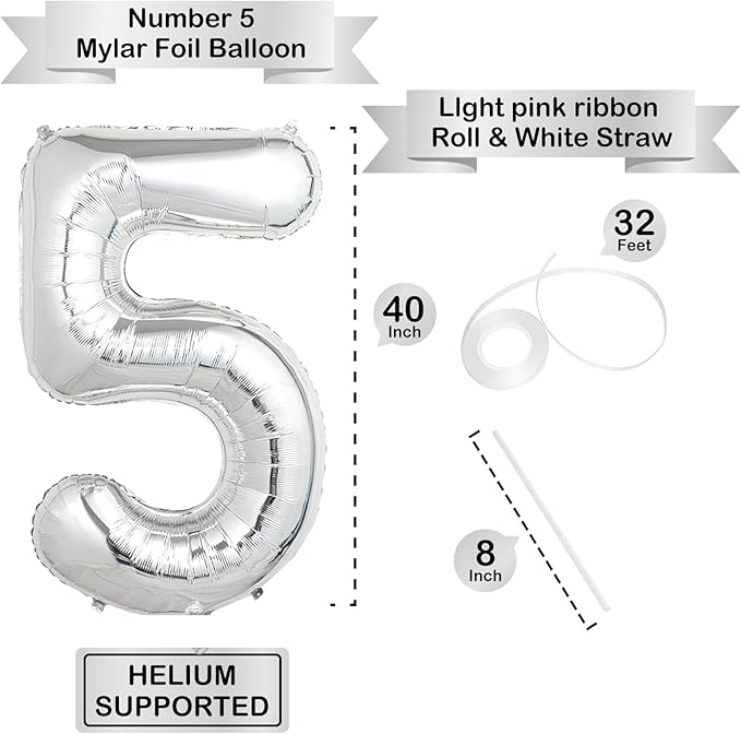 40 Inch Silver Number Balloons, Helium Mylar Foil Number Balloons for Birthdays, Number 5 Balloon for Party Wedding Bachelorette Birthday Bridal Shower Anniversary Celebration Party Decorations