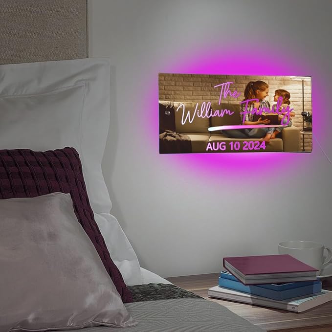 Custom LED Light Up Mirror - Multi Colour Lighting, Personalized Family Name Sign, Wall Decor for Bedroom