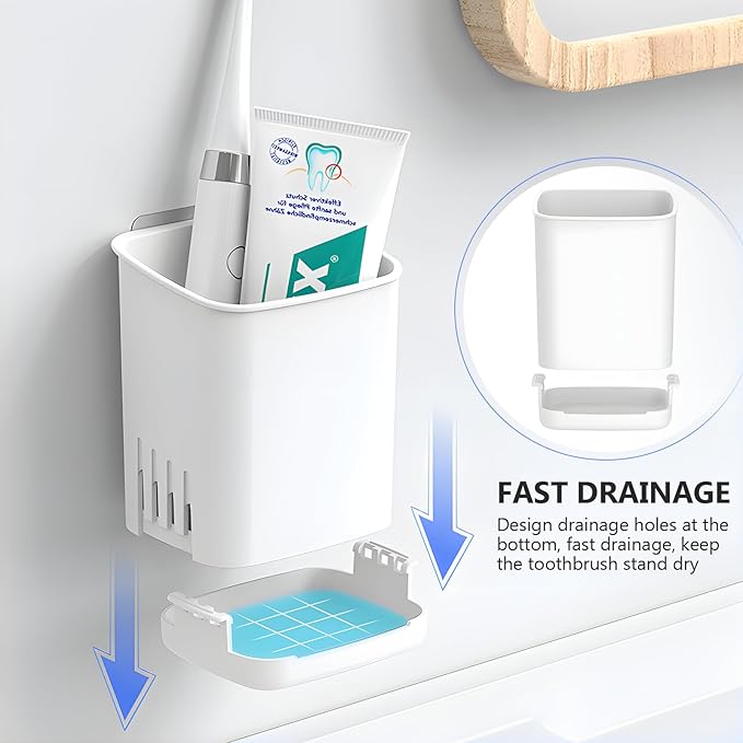 Toothbrush Holder Cup Wall Mounted Drill-Free for Bathroom Shower Electric Toothbrush Toothpaste Razor Holder Removable Waterproof Sturdy Self Draining, Tableware Holder for Kitchen(1pcs&White)